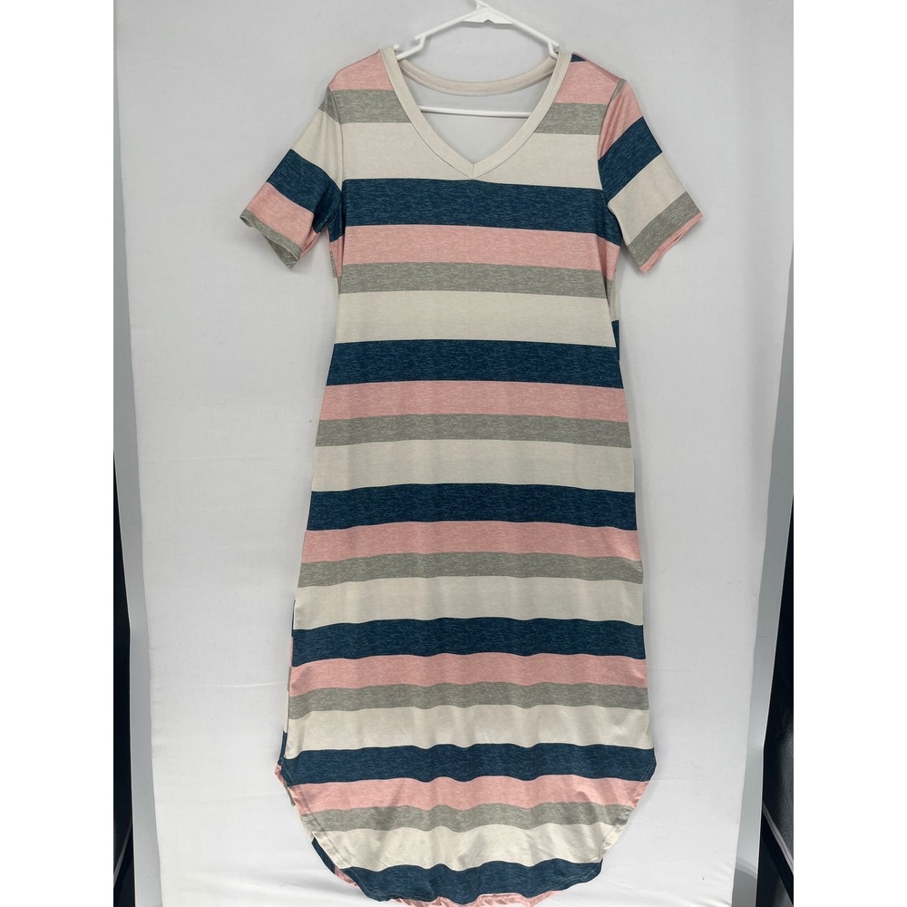 SHEIN Striped Maxi Dress Womens Small Pink Blue V-Neck Short Sleeve Pocket